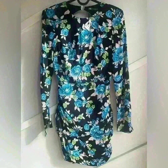 ZARA Floral Open Back Long Sleeve Blue Black  Pink Mini Dress size XS - Picture 7 of 10